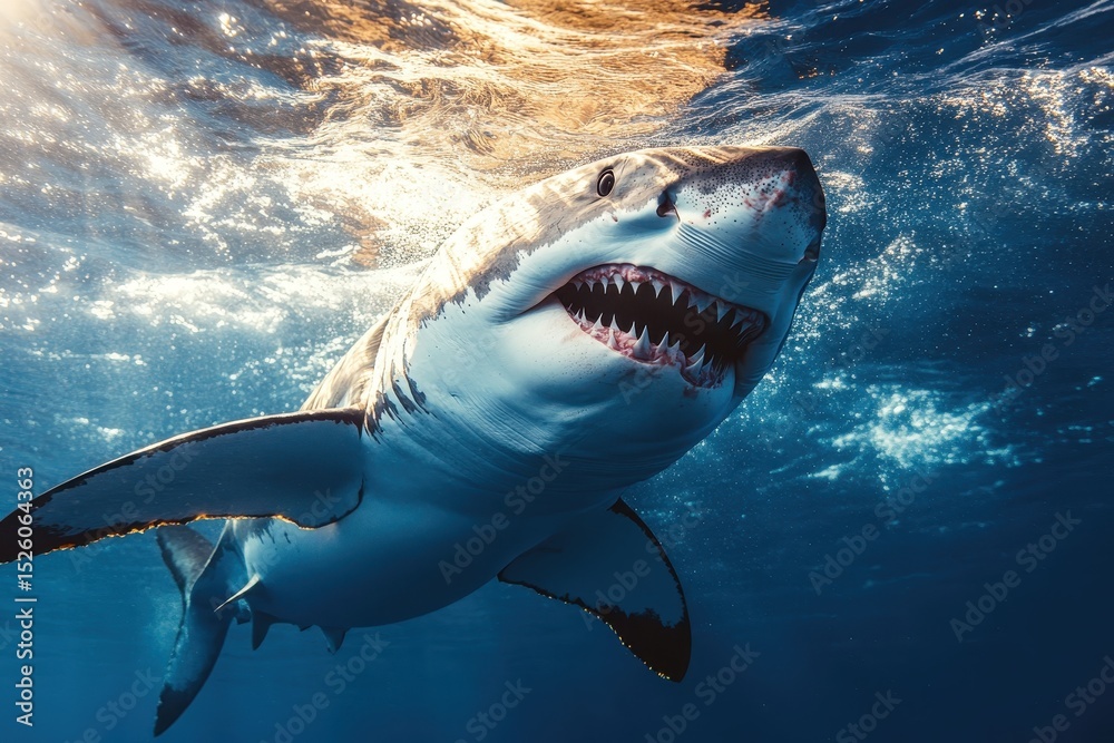 Fototapeta premium Great white shark emerges majestically from ocean depths, showcasing powerful presence and sharp teeth in vibrant marine environment during daylight