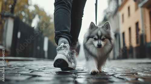 Person walks small, fluffy dog on cobblestone street, surrounded by urban buildings. scene captures serene moment in city, showcasing bond between owner and their pet