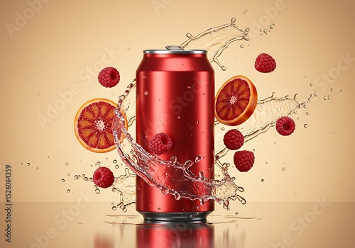 Red Can with Splashing Raspberries and Blood Orange Slices