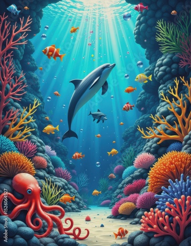 Underwater party scene with vibrant sea creatures and colorful bubbles