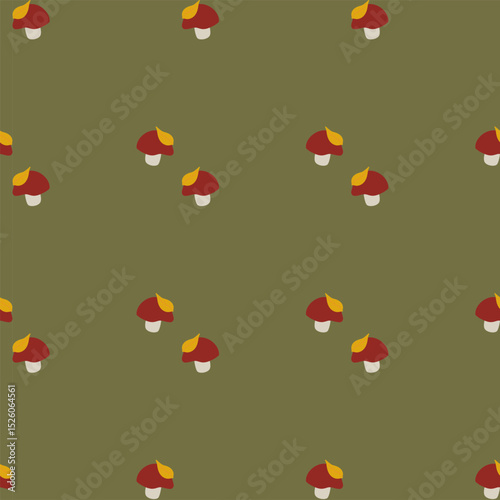 Seamless vector pattern of scattered cartoon mushrooms with red caps and white stems, adorned with leaves, on a solid olive green background. Perfect for autumn-themed designs.