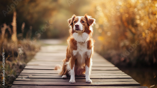 Timeless and nostalgic shot of dog sitting on wooden path surrounded by golden autumn foliage, evoking sense of tranquility and warmth