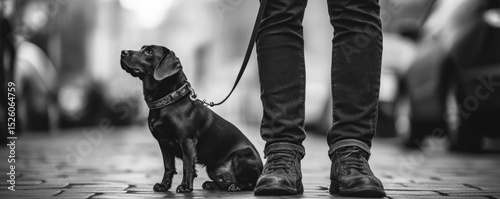 Person stands on city street with black dog on leash, showcasing moment of companionship. scene captures bond between owner and their pet in timeless black and white style