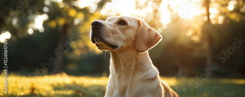 Tranquil and peaceful outdoor moment featuring dog sitting gracefully in sunlit park, surrounded by nature beauty. warm sunlight creates serene atmosphere