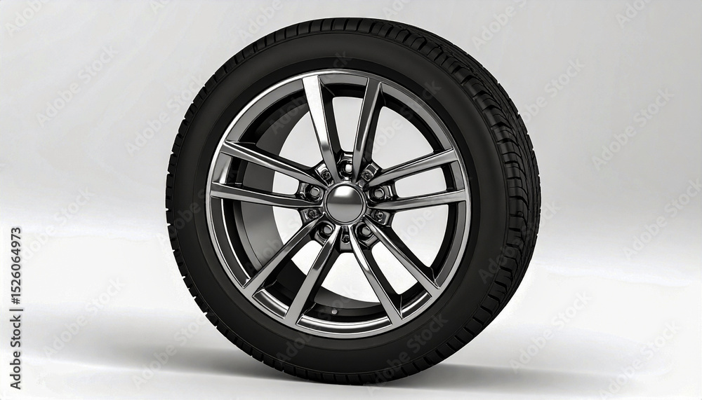 Fototapeta premium Modern Car Wheel and Tire Isolated on Light Background for Automotive and Transportation Design