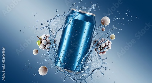 Refreshing blue can surrounded by water splash and frosted grape