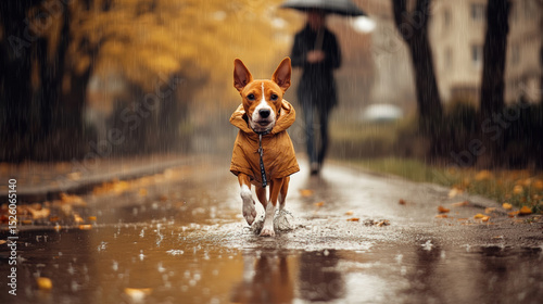 Cheerful Basenji dog wearing cozy rain jacket enjoys warm and inviting walk in rain, surrounded by autumn leaves and blurred figure holding umbrella in background