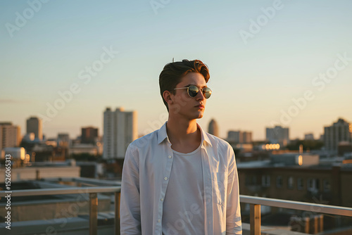 Confident young man in casual white shirt wearing sunglasses on rooftop cityscape at sunset, ideal for lifestyle ads and fashion content