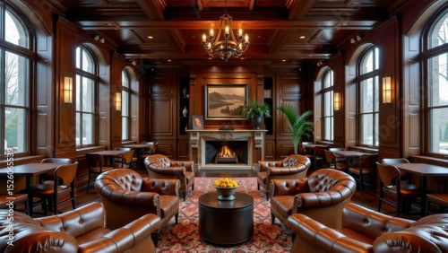 A luxurious wood-paneled lounge with leather armchairs, a fireplace, large windows, and a central table with a bowl of lemons.