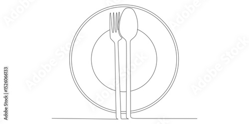 Minimalist Line Art of Fork and Spoon on Plate – One Line Drawing of Table Setting


