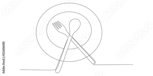 Minimalist Line Art of Fork and Spoon on Plate – Continuous One Line Drawing Tableware

