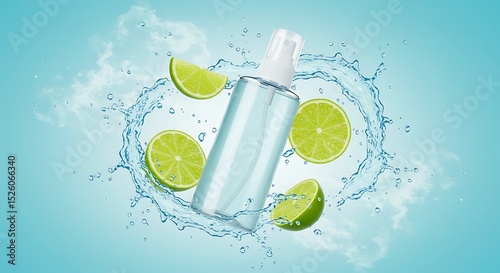 Refreshing lime scented spray bottle with water splash on light