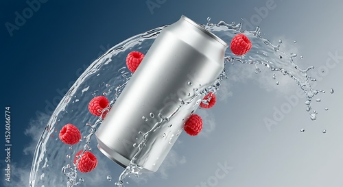 Silver Can Surrounded by Splashing Water and Floating Raspberrie