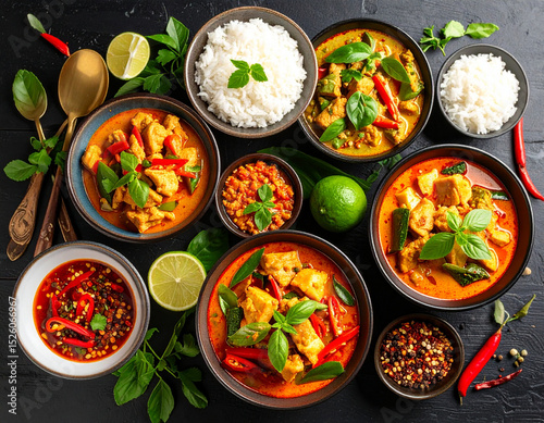 AI generated authentic eastern Thai cuisine featuring cha muang pork curry, jungle curry and spicy stir-fry served in traditional eastern-style bowls with fresh ingredients and cooking tools