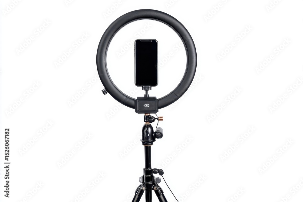 Fototapeta premium Ring light with phone on tripod stand
