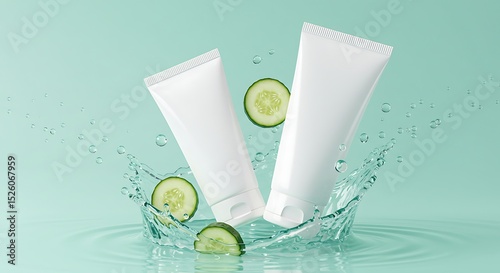 Two white cosmetic tubes with cucumber slices and water droplets