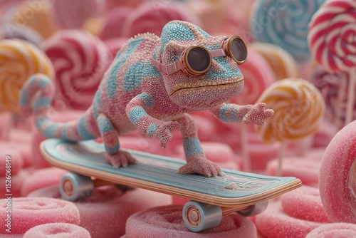 A funky chameleon in spy goggles riding a hoverboard over a maze of giant lollipops, color-changing antics.