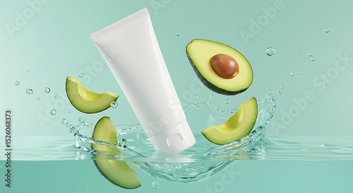 White Cosmetic Tube and Avocado Slices in Water Splash Compositi