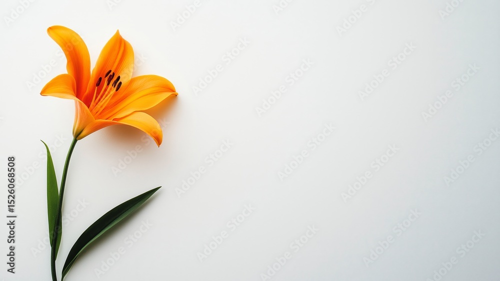 Fototapeta premium Vibrant orange lily bloom with lush green leaves set against a plain white background for a tropical touch
