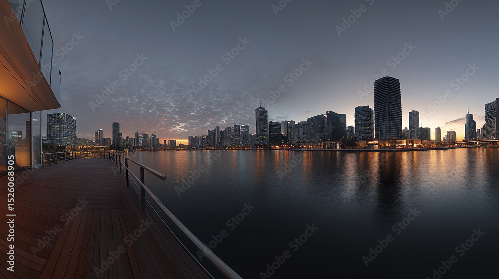 Naklejka premium stunning urban skyline dusk, reflecting calm water, showcasing modern architecture and vibrant