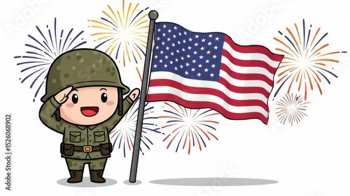 Cartoon soldier saluting flag fireworks
