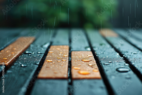 Rainy day reflections on wooden planks outdoor setting close-up photography natural environment low angle view serenity and calmness