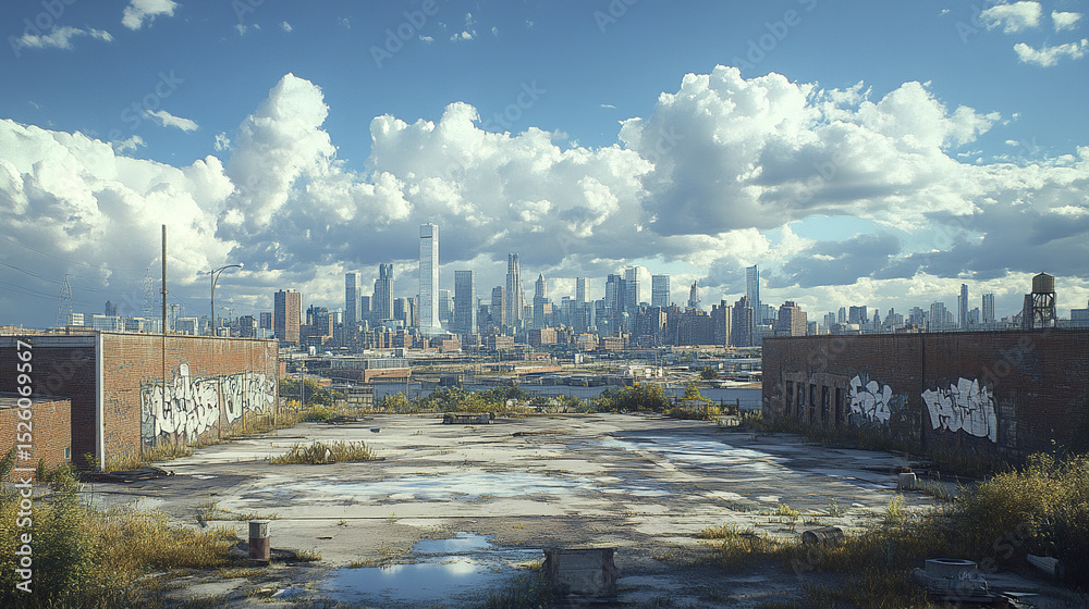 Fototapeta premium Urban skyline view with graffiti and clouds, showcasing blend of nature and city life