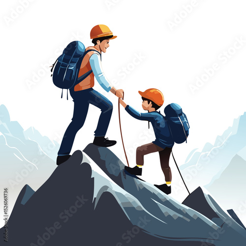 Silhouette of Father and Son Climbing a Mountain – Heartwarming Adventure and Bonding Illustration