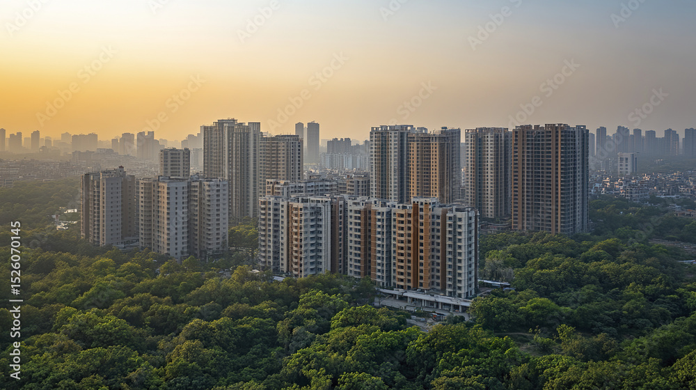 Obraz premium Urban skyline sunset with high rise buildings surrounded by greenery, creating serene atmosphere