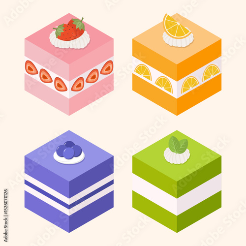 Set of cake pieces. Various kinds of colorful cake slices. Vector illustration sweet dessert of strawberry, orange, blueberry and matcha cakes.