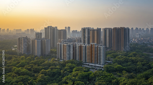 Urban skyline sunset with high rise buildings surrounded by greenery, creating serene atmosphere