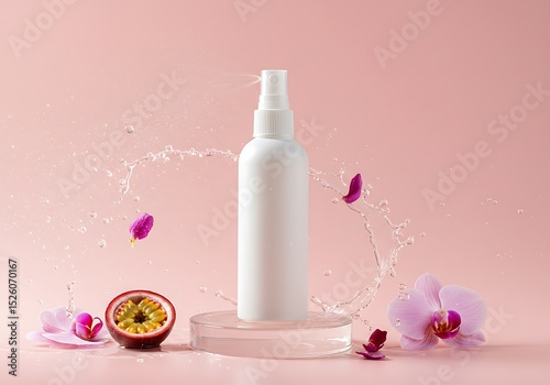 White Spray Bottle Amidst Water Splash and Orchids