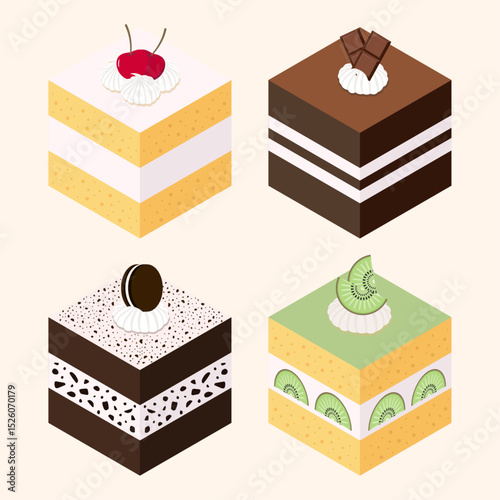 Set of cake pieces. Various kinds of colorful cake slices. Vector illustration sweet dessert of vanila, chococlate, biscuit and kiwi cakes.