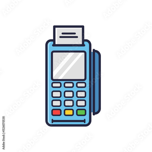 Modern POS Terminal Icon: Blue Payment Machine with Receipt, Digital Transaction, E-commerce, Flat Design Illustration