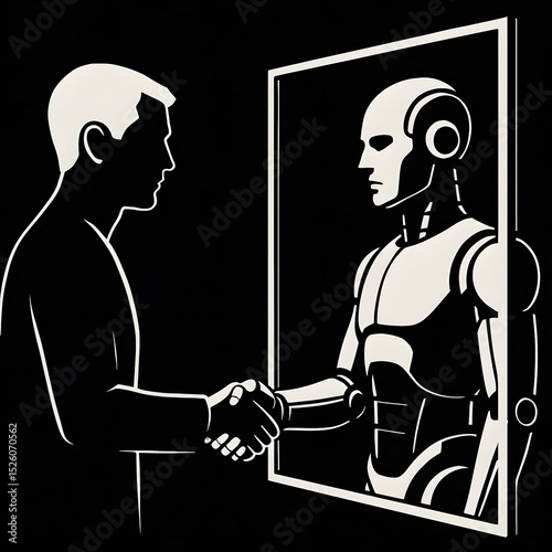 Human and Robot Shaking Hands Through Mirror Reflecting Identity and AI Concept Futuristic Minimalist Art