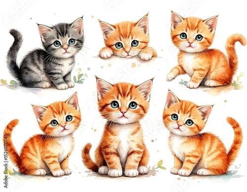 cute cats set. watercolor illustration on white background. print template for card, poster, postcard.