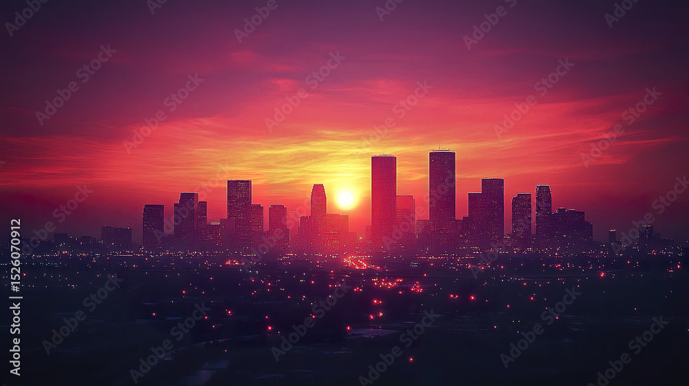 Fototapeta premium stunning sunset over city skyline, with vibrant colors illuminating buildings