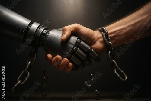 Human and Robot Handshake with Broken Chains Symbolizing AI Freedom and Technological Liberation on Dark Background
