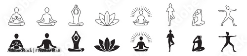 Wellness Meditation Practice Yoga and Zen icons set. Relaxation Inner Peace Self-knowledge Inner Concentration Editable Stroke Line icons collection Vector.