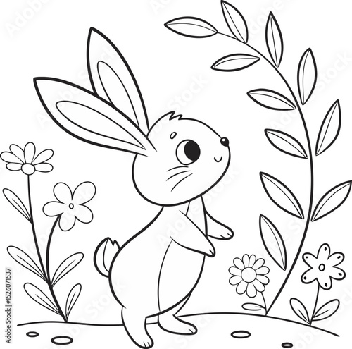 bunny painting easter egg and some flowers, coloring page ready to print on standard 8.5x11 inch paper easter bunny easy coloring page 