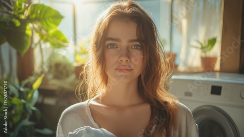 A young woman in a bright room holds a clothing item, surrounded by plants and sunlight.