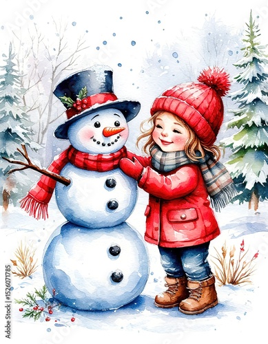 child making snowman. watercolor card. winter christmas illustration.