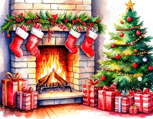 fireplace and christmas tree. watercolor card. winter christmas illustration.