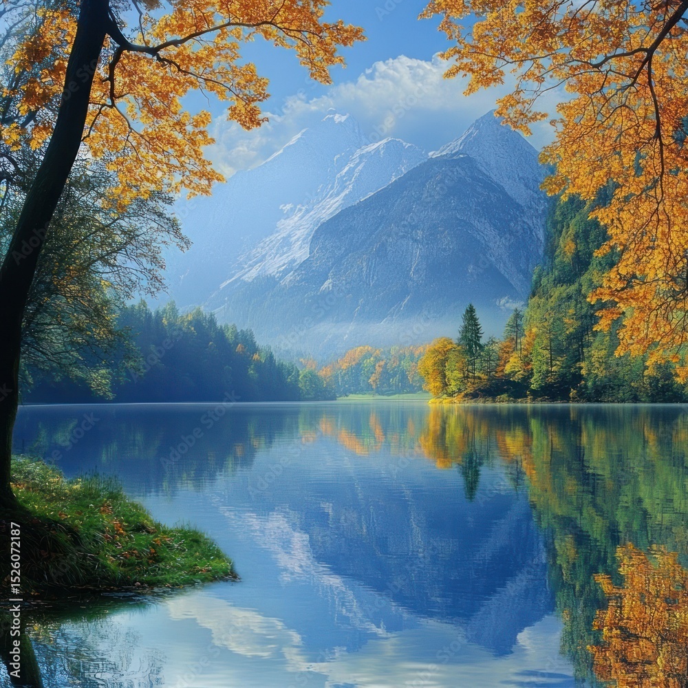 Obraz premium A serene autumn landscape with a calm lake, golden trees, and majestic mountains in the background.