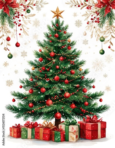 Christmas tree and gifts. Watercolor card.