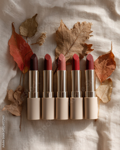 Muted natural lipstick shades arranged on soft fabric background with autumn leaves, creating warm and inviting aesthetic. colors range from deep burgundy to soft pink, perfect for fall
