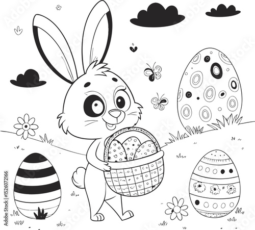 bunny painting easter egg and some flowers, coloring page ready to print on standard 8.5x11 inch paper easter bunny easy coloring page 
