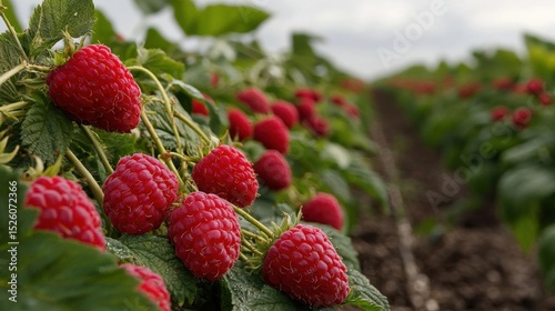Close-up of a row of ripe raspberries growing in a field. the field is filled with rows of plants, and the sky is visible in the background.