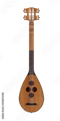 A medieval fantasy lute, front view, made of light cherry wood with four sound holes and red pegs. 3D image on transparent background. 