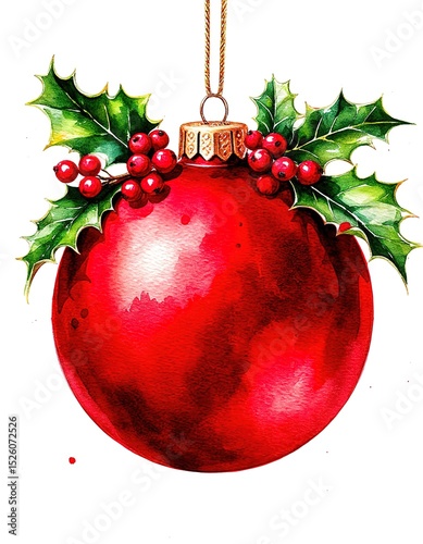 Christmas ball and holly. Watercolor holiday card.